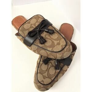 COACH Women's Khaki Jacquard SIG C Mahogany Leather STASSI Slide Size 6.5